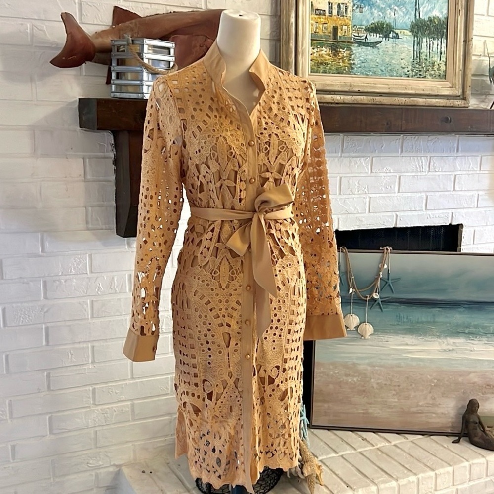 Sexy,V-Neck Lapel, Button-Down,Lace-Paneled Dress,Belted,Perfect, Size L - Picture 6 of 10
